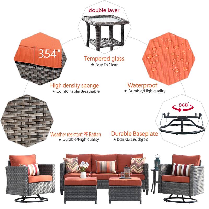 OVIOS 6-piece Patio Wicker Conversation Sofa Set with Swivel Rocking Chairs