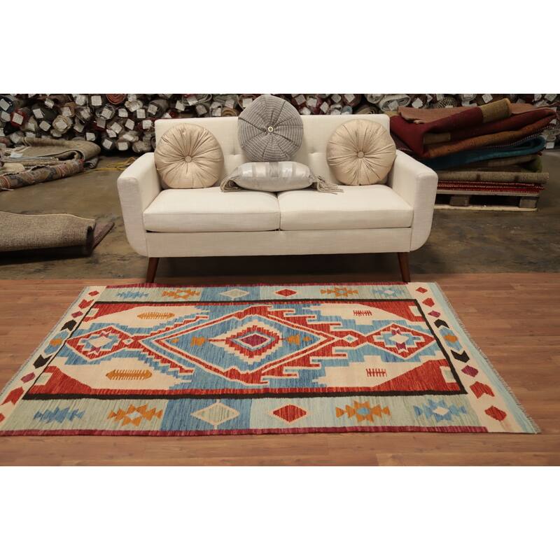 Hand Woven Oriental 100% Wool Carpet Southwestern Tribal Navy Blue & Blues Kilim Area Rug - 6' 3'' X 4' 1''