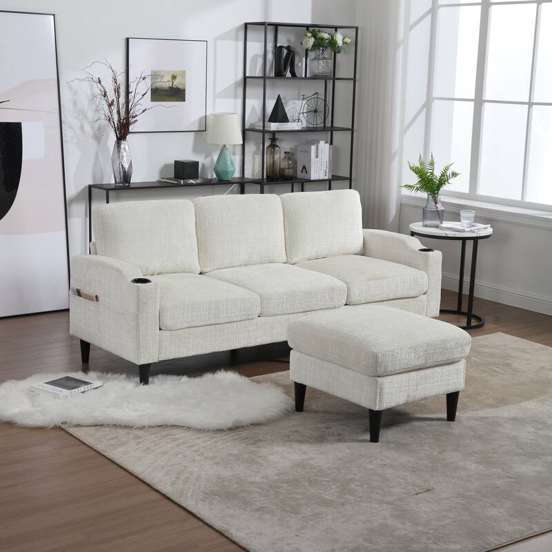 Modular Sectional Sofa with Storage Ottoman, Comfy Chenille Fabric Sofa, 3-Seater Sofa with Side Pockets & 2 Cup Holders