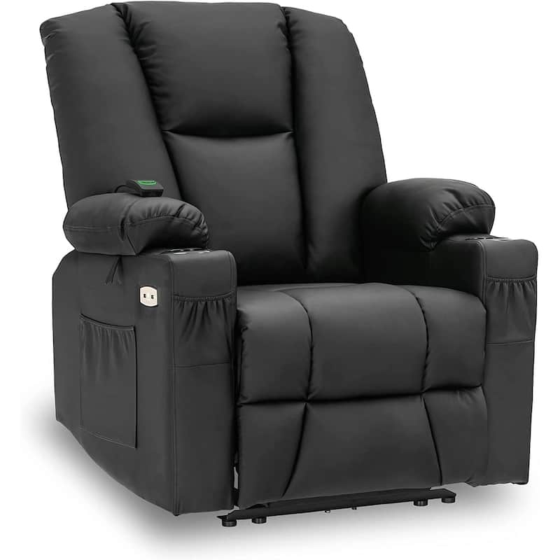 Mcombo Electric Power Recliner with Massage & Heat, Extended Footrest, 2 USB Ports, Side Pockets, Cup Holders, Faux Leather 8015 - Black