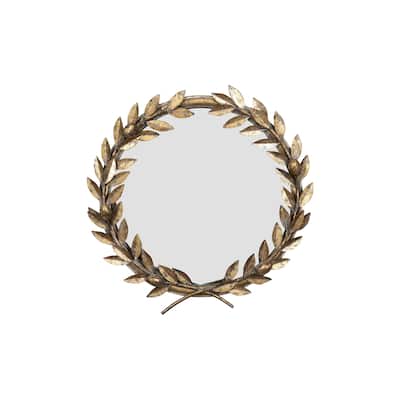 Round Antique Gold Metal Laurel Wreath Wall Mirror - Distressed Gold