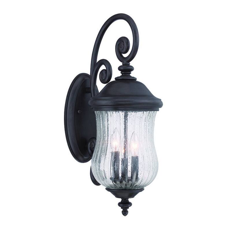 Matte Black Glass Outdoor Wall Light with 3 Light LED Seeded Shade Flush Mount - 13.5” x 9” x 24” (D x W x H) - Matte Black