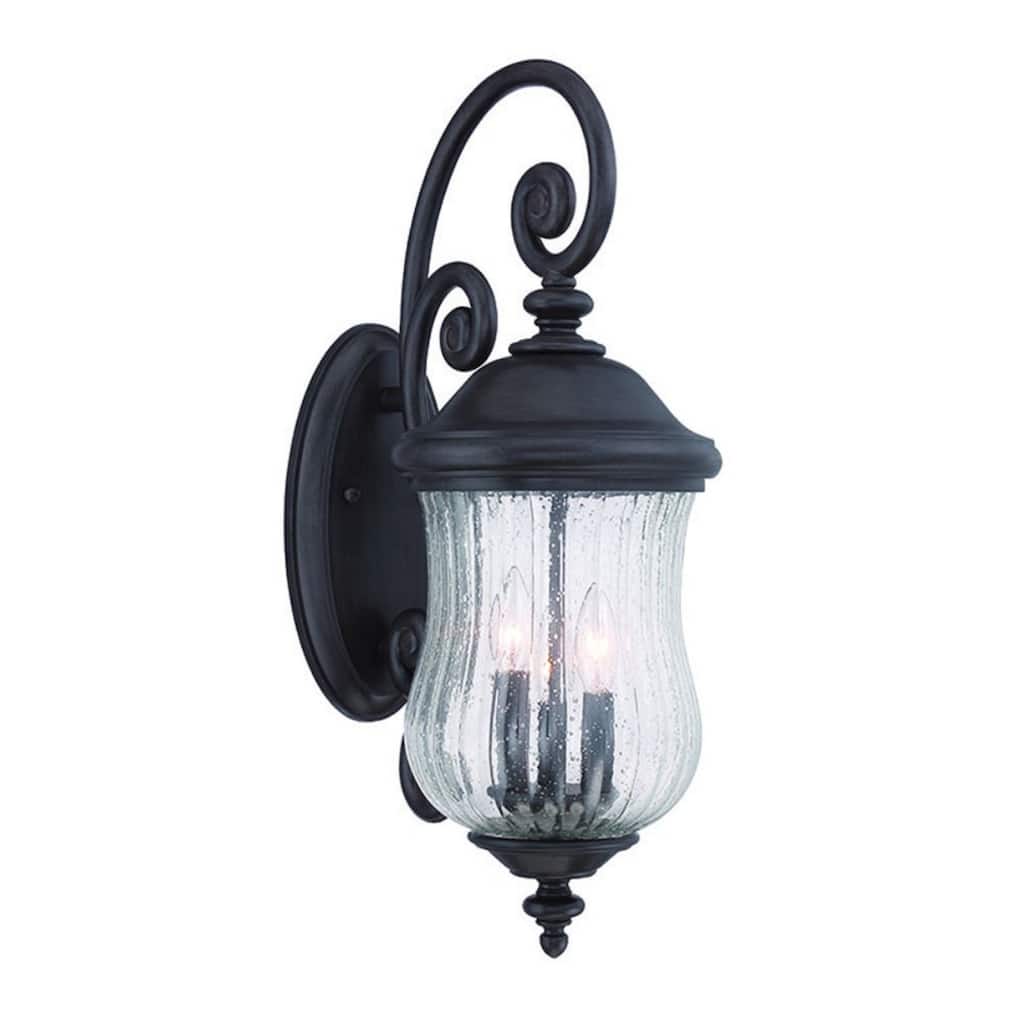 Matte Black Glass Outdoor Wall Light with 3 Light LED Seeded Shade Flush Mount - 13.5” x 9” x 24” (D x W x H)