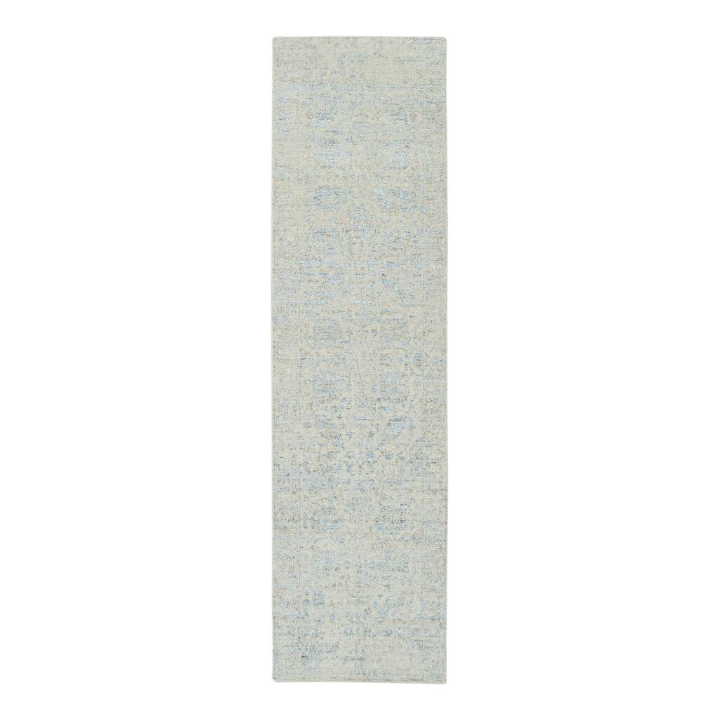 Shahbanu Rugs Gray with Touches of Blue Tabriz Design Wool and Plant Based Silk Jacquard Hand Loomed Runner Rug (2'8" x 10'0")