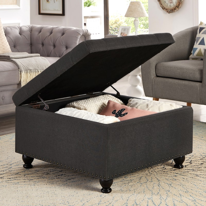 Upholstered Fabric Button Tufted Storage Ottoman with Nail Trims