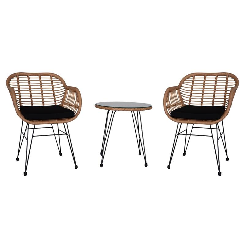 Wicker Rattan Patio Conversation Set with Tempered Glass Table - 3PCS