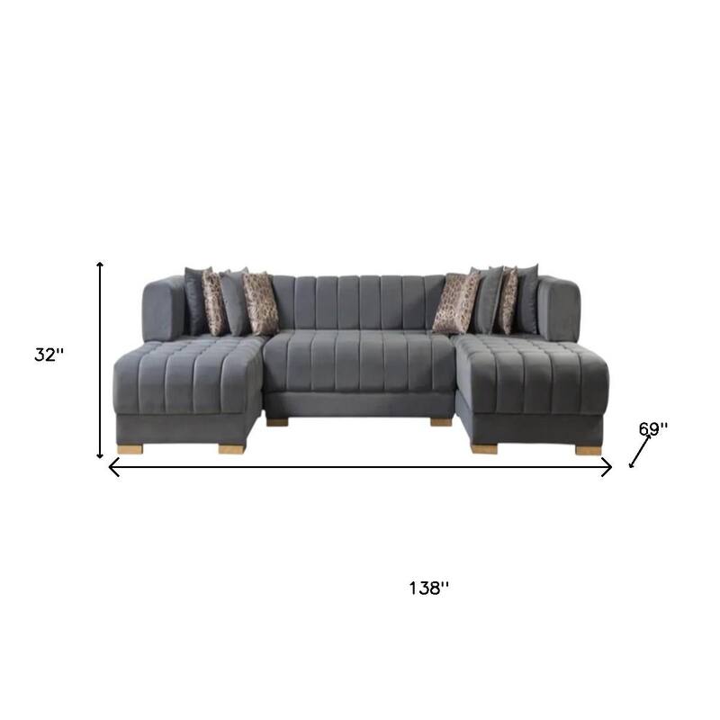 HomeRoots Gray Velvet U Shaped Three Piece Sofa and Chaise Sectional With Toss Pillows