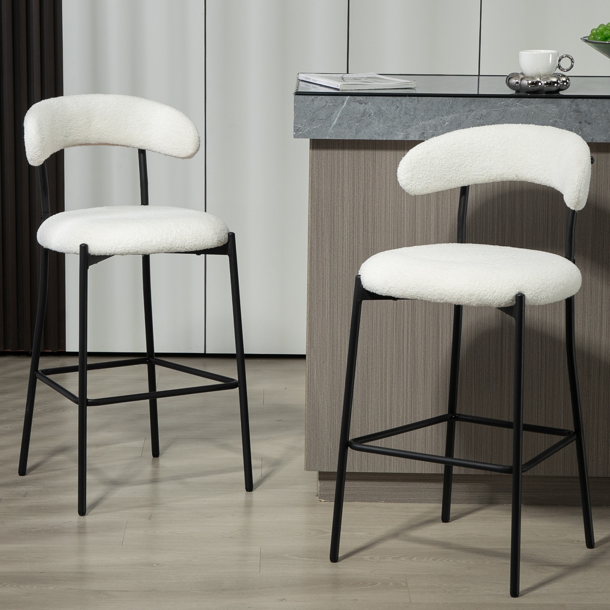 26" Counter Height Bar Stools Teddy Fabric Cover Kitchen Island Counter Bar Stool with Black Powder Coating Base and Footrest