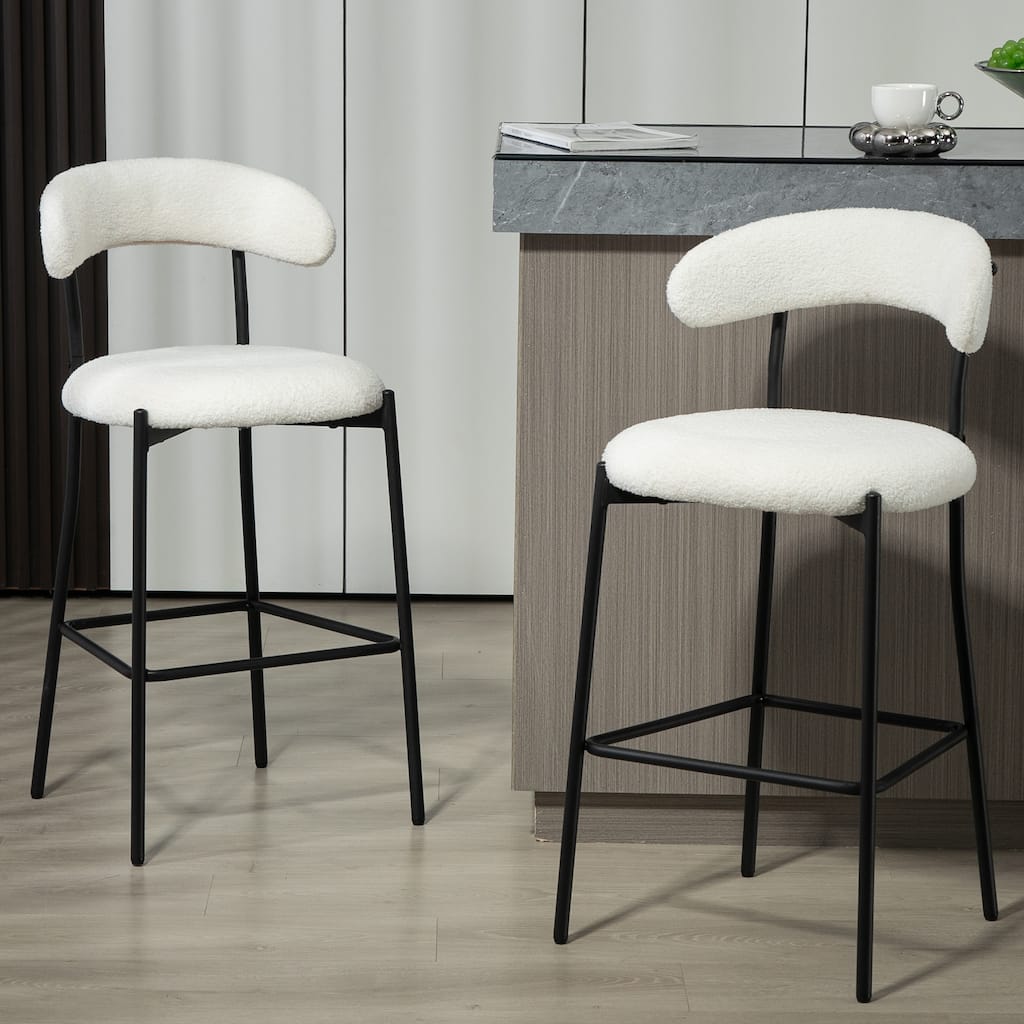 Set of 2 Teddy Fabric Upholstered Bar Stools with U-shaped Seat Cushion, Curved Back and Metal Frame for Kithen Island, Dining