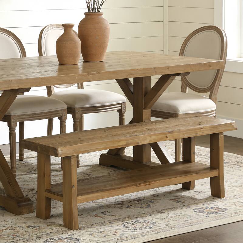 55" Solid Wood Dining Bench with Storage Shelf