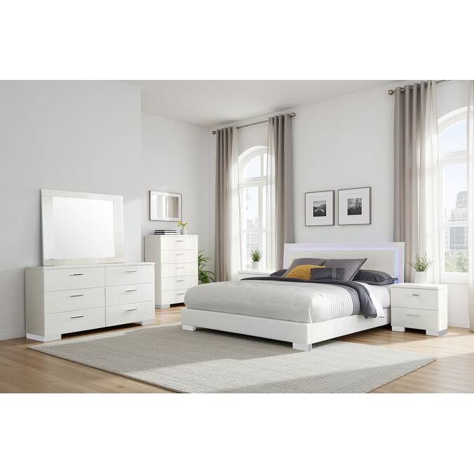 Sok 6pc Queen Bedroom Set, Faux Leather Upholstery, High Gloss White