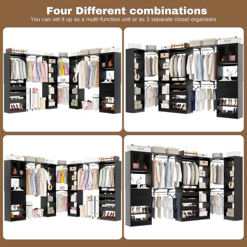 100" × 100" Closet System With Door and Wooden Drawers, Closet Organizer with 5 Hanging Rods and 20 Storage Shelves