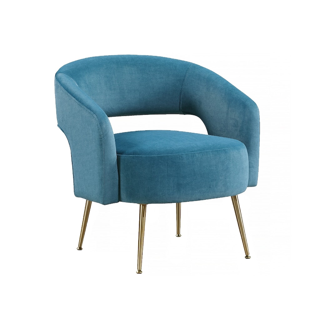 Noel Accent Chair, Curved Open Back, Teal Blue Velvet, Gold Metal Legs