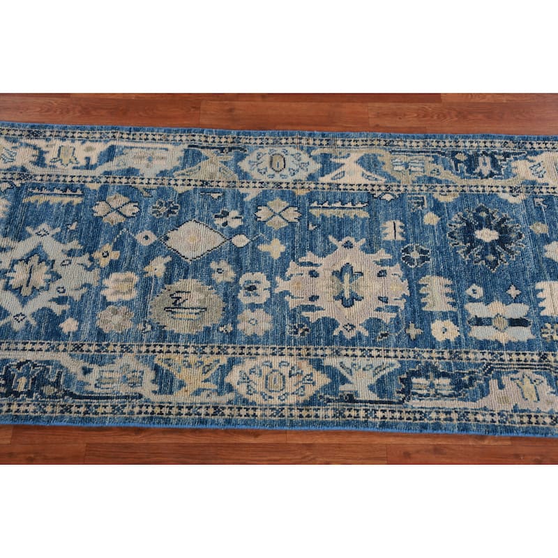 Hand Knotted Oriental 100% Wool Carpet Transitional All-Over Navy Blue & Blues Oushak Runner Rug - 19' 5'' X 2' 7''