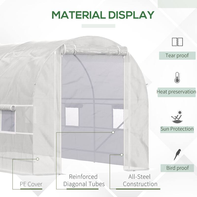 Outsunny 15' x 7' x 7' Walk-In Tunnel Greenhouse, Large Garden Hot House Kit with 6 Roll-up Windows & Roll Up Door - White