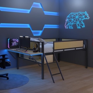 Full Size Multifunctional Storage Design Single Metal Loft Bed with Rectangular Desk and Lamp