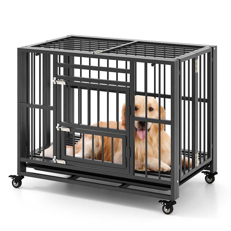 Gymax Foldable Heavy-Duty Metal Dog Cage w/ Lockable Universal Wheels - Black