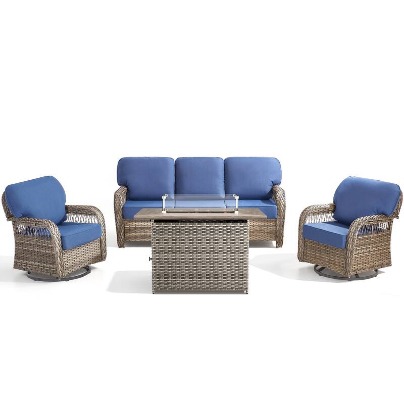 Pocassy Outdoor Fire Table with Swivel Chair Sofa Funiture Set.
