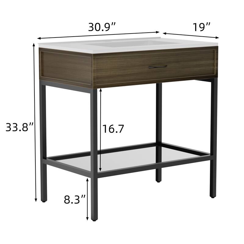 Ansel Freestanding Bathroom Vanity with Single Sink, One Glass Shelf, Metal Legs