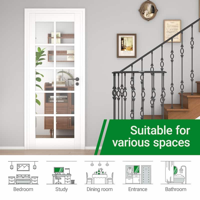 10-Lite Clear Glass Slab Interior Doors Solid Wood White Pre-Finished Surface