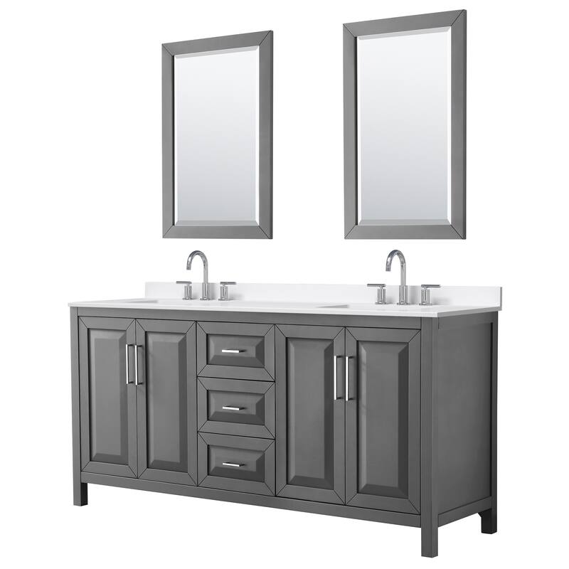 Daria 72-inch Double Vanity, 3 Hole Quartz Top, 24-inch Mirrors - Dark Gray, Chrome Trim, White Quartz Top