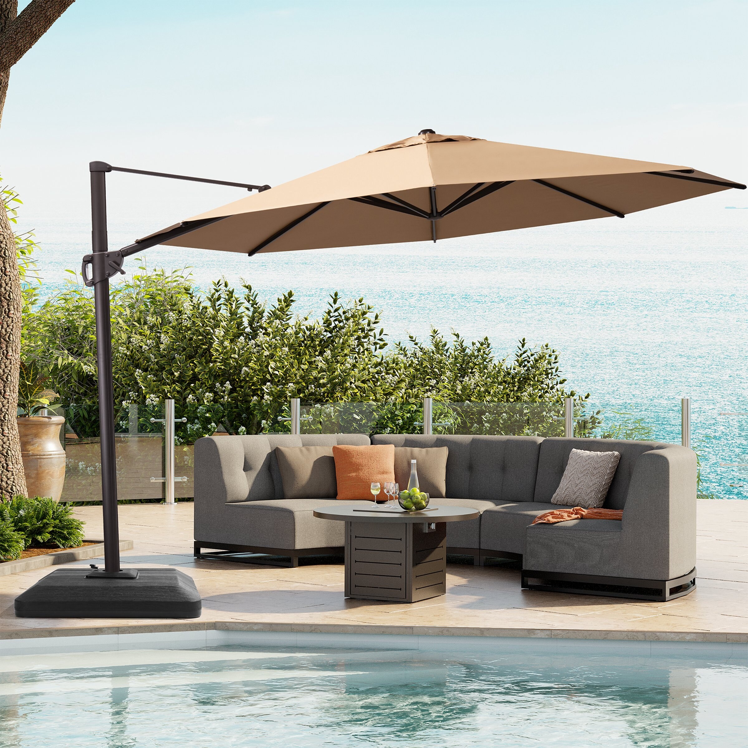 Heavy-duty 11.5-Foot Patio Umbrella Cantilever-Offset 360-degree Rotation Crank-lift with Weighted Base Heavy-duty 11.5-Foot Patio Umbrella Cantilever-Offset 360-degree Rotation Crank-lift with Weighted Base