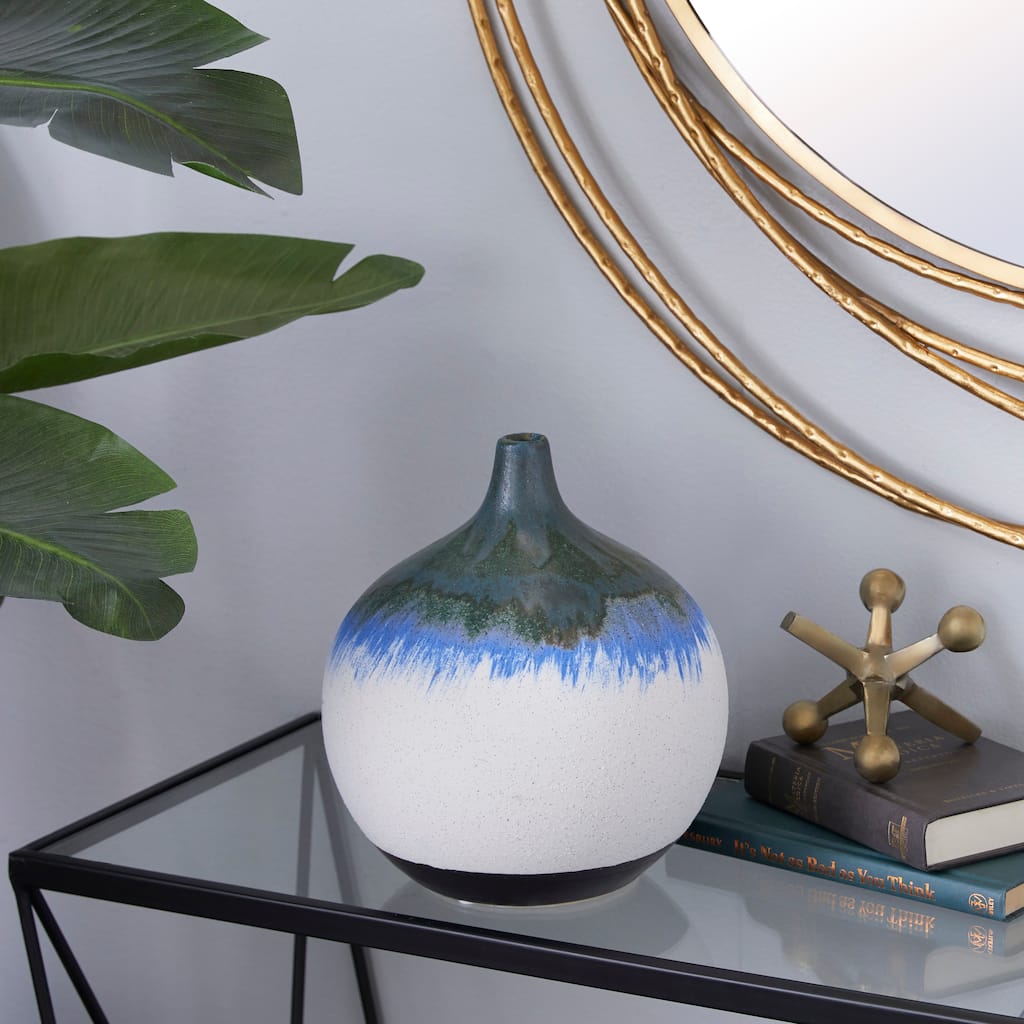 White Ceramic Handmade Decorative Vase with Dripping Effect - 9 x 9 x 10Round