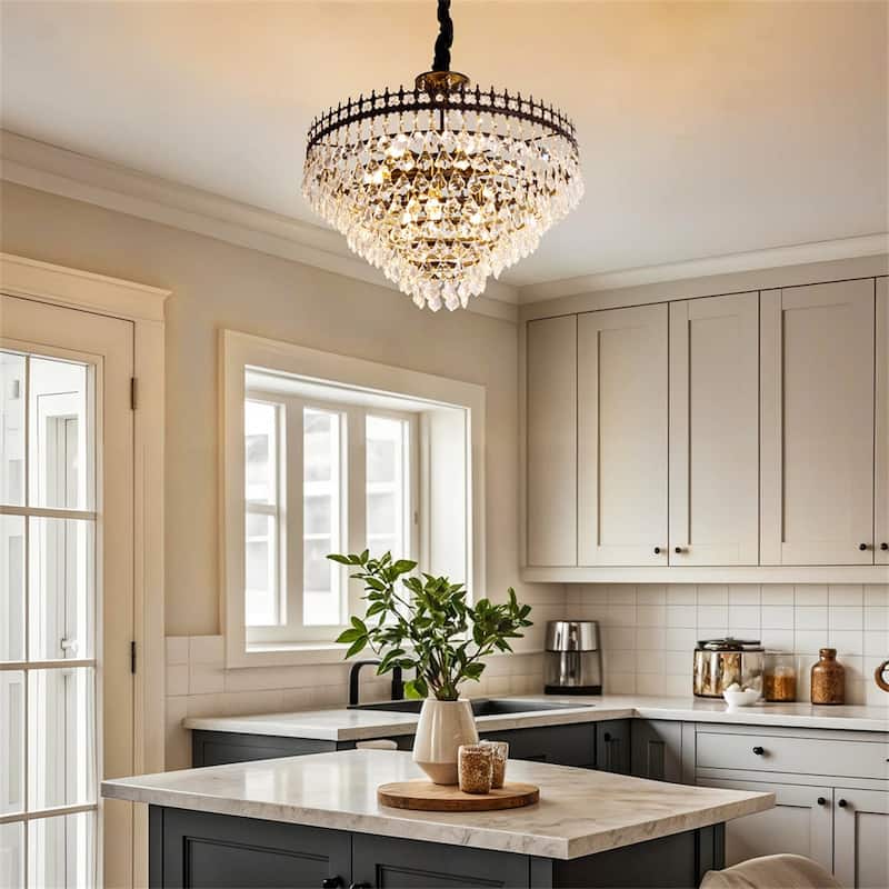 30/60CM Round Crystal Light Fixture with 3 Color Black Gold Crown Design Chandelier for Entryway, Living Room, Bedroom