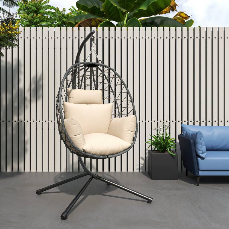 LeisureMod Summit Foldable Hanging Egg Swing Chair with Removable Cushion for Porch, Patio, Backyard, Garden, Lounge