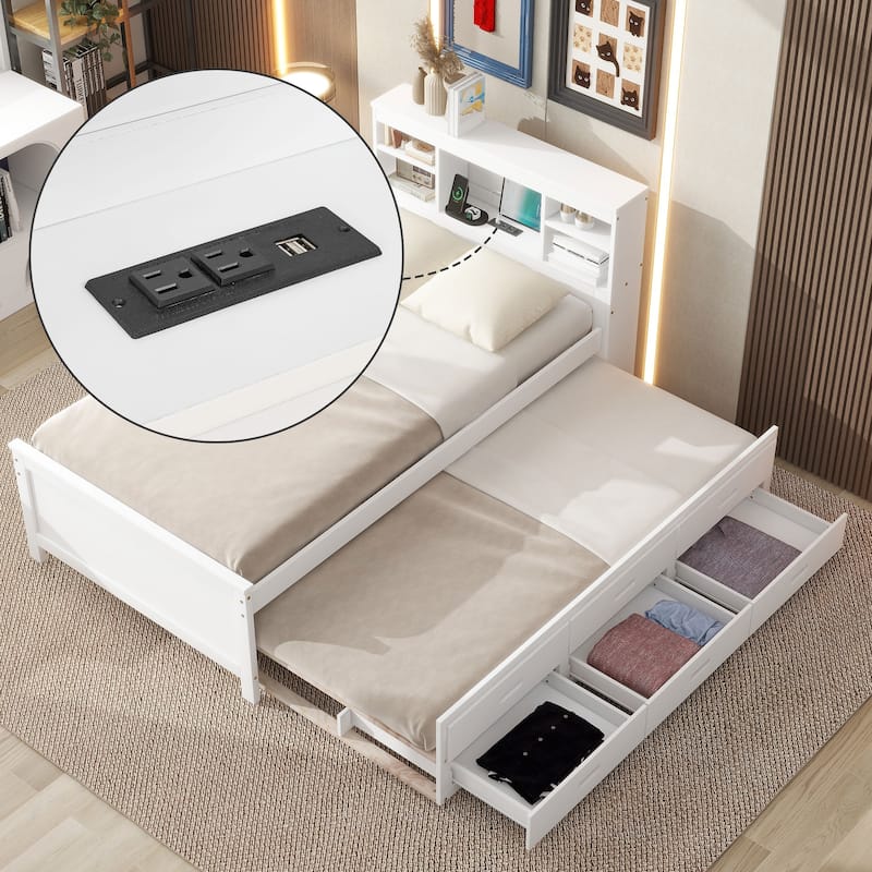 Twin Size Platform Bed with Storage Headboard, USB, Twin Size Trundle and 3 Drawers - White