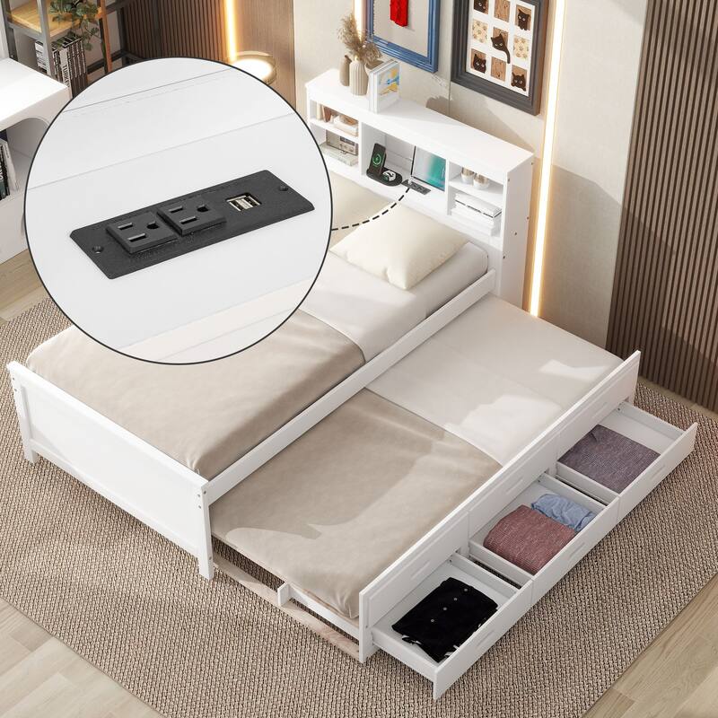 Wooden Platform Bed with Headboard Storage, Trundle and 3 Drawers, Charging Station, Wood Slats Support