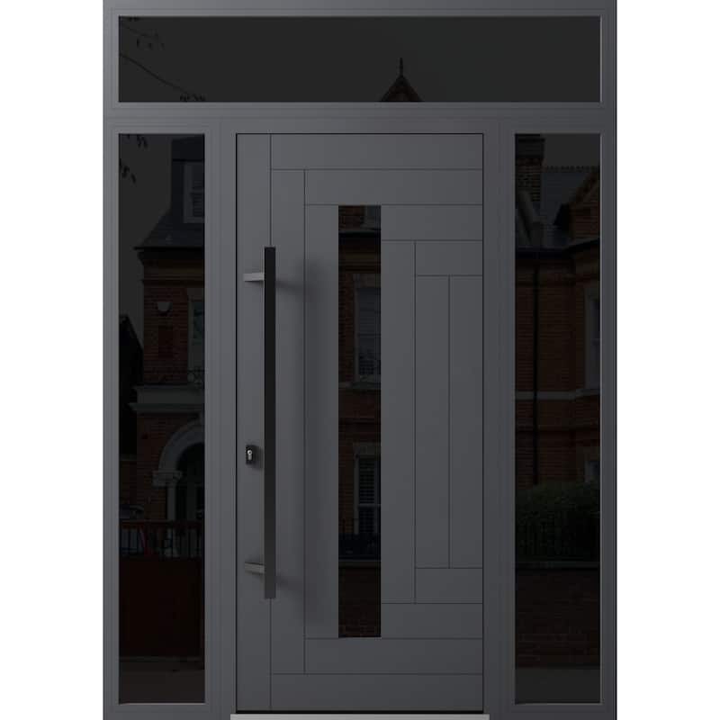 Front Prehung Steel Door Ronex 1011 Grey Side and Top Window Sidelite Stainless Inserts W36+12xH80+16 Lh I - Grey - 60 x 96