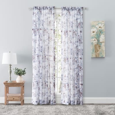 Whimsical Semi-Sheer Floral Rod Pocket Curtain Panel 54"W x 63"L Cocoa - 54"W x 63"L