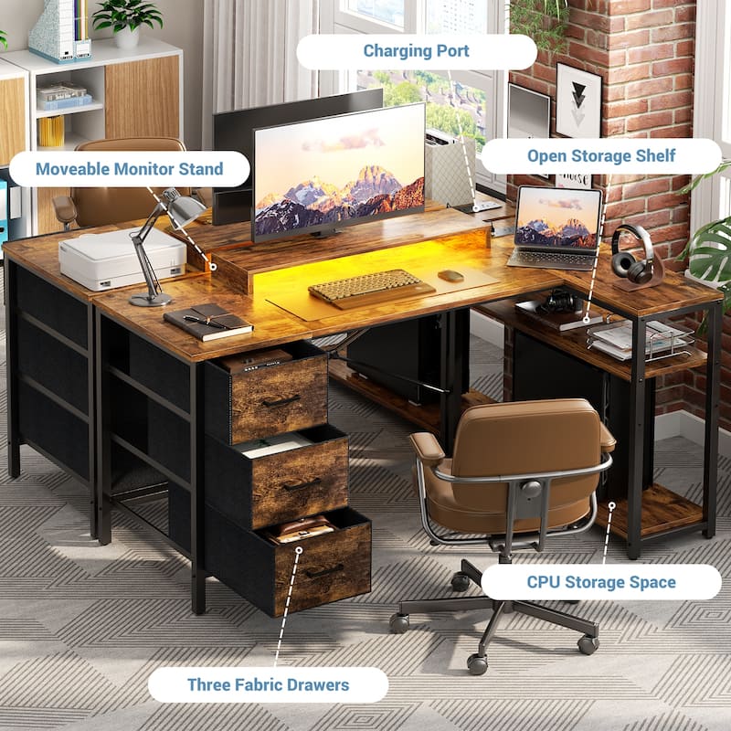Reversible 53'' L Shaped Computer Desk with Power Outlets & LED Lights,Gaming Desk with 3 Drawers & Monitor Stand