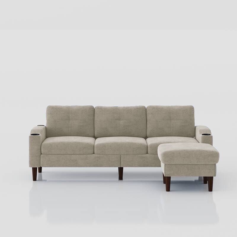 L-shaped Sectional Sofa with Storage Ottoman, Built-in USB Ports, Cup Holders and Side Pockets, 3 Seater Combination Couch