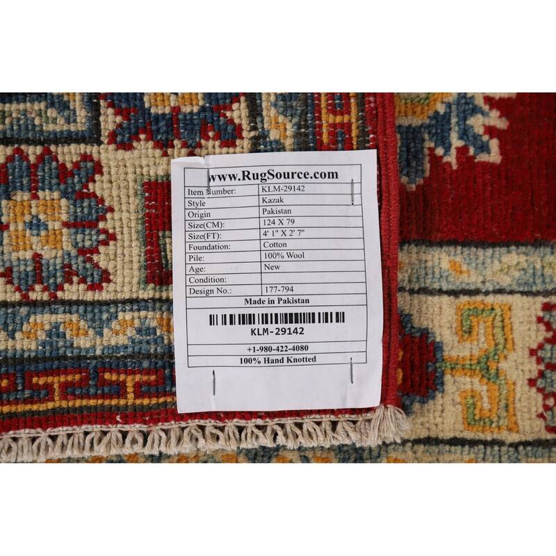 Geometric Red Kazak Oriental Foyer Rug Hand-Knotted Wool Carpet - 2'7" x 4'1"