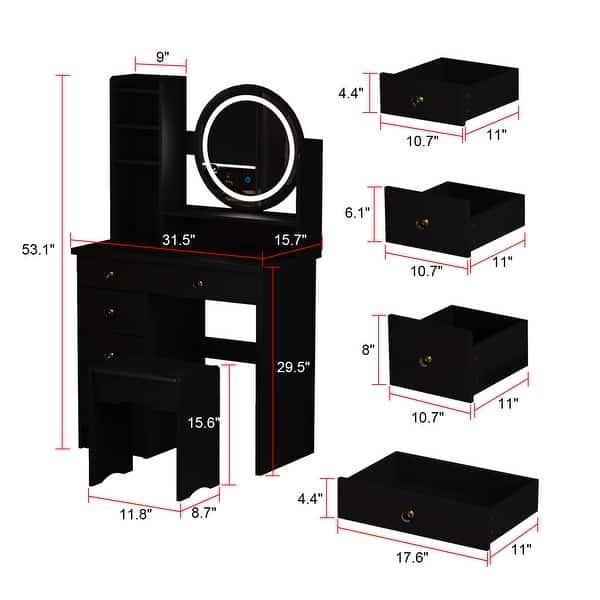 dimension image slide 0 of 2, 5-Drawers Makeup Vanity Table Set with Lighted Mirror (PINK/BLACK) - 52"H