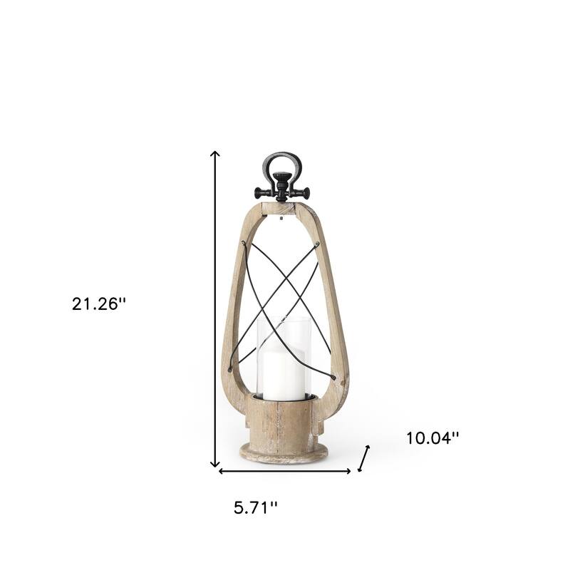 21" Brown And Black Distressed Abstract Solid Wood Metal And Glass Tabletop Lantern Candle Holder