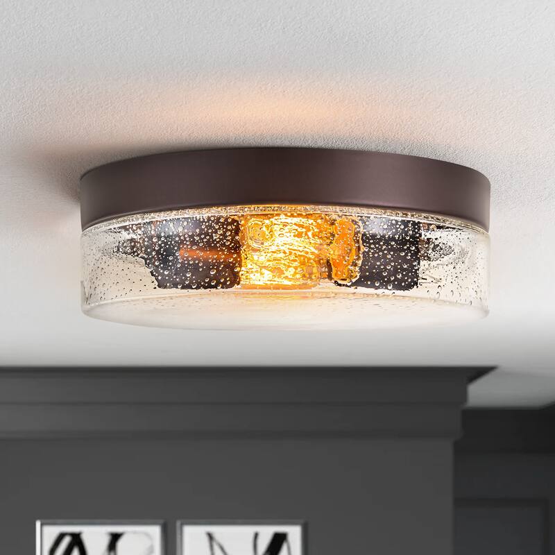 2-Light Gold/Bronze Modern Farmhouse Industrial Dimmable Dome Round Flush Mount Light with Seeded Glass Shade