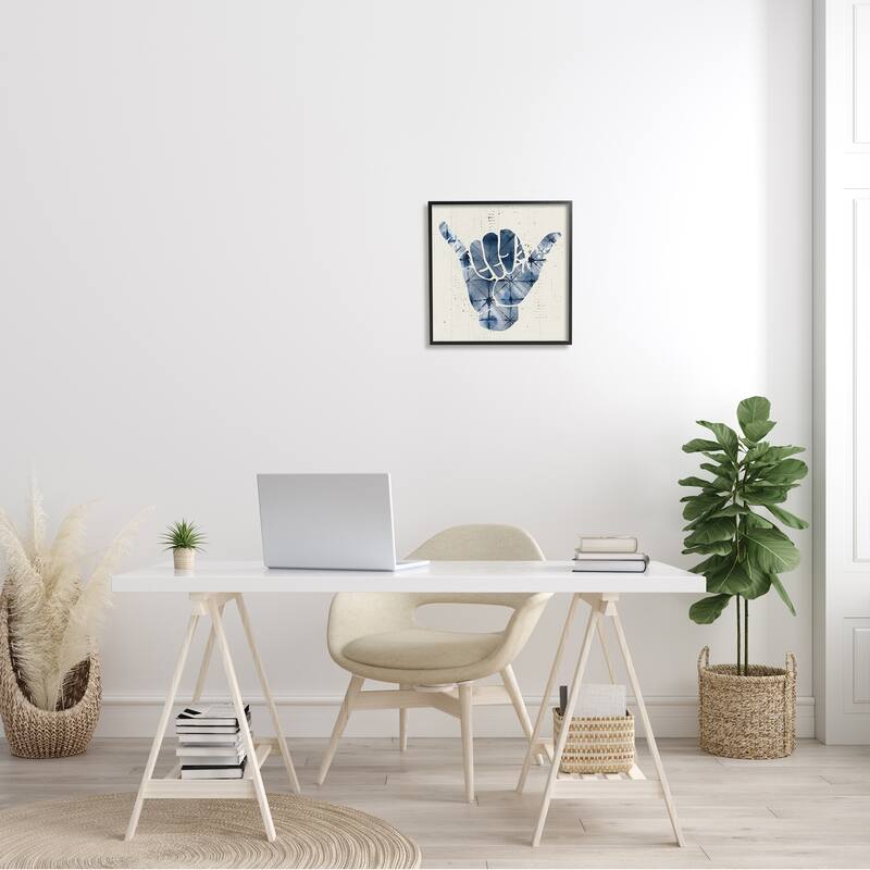 Stupell Abstract Shaka Sign Hand Gesture Blue Geometric Pattern Framed Wall Art