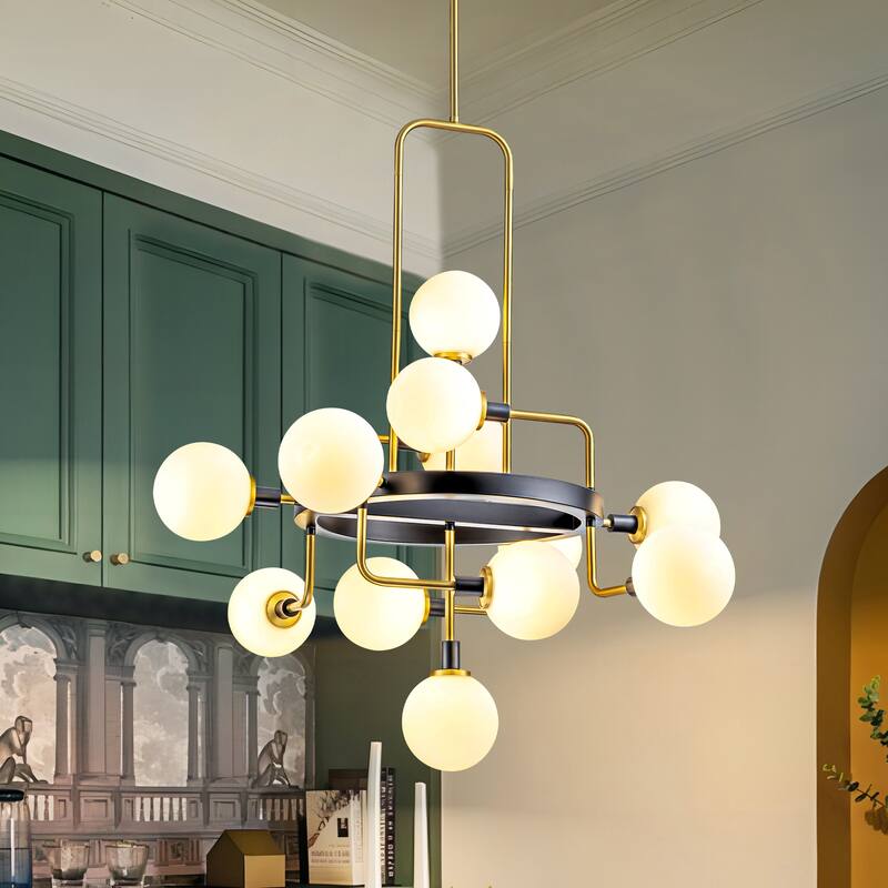 12-Light Modern Glam Geometric Frosted Opal Glass Globe Large Chandelier - 30.71 in. W x 34.25 in. W - 30.71 in. W x 34.25 in. W - Brushed Gold