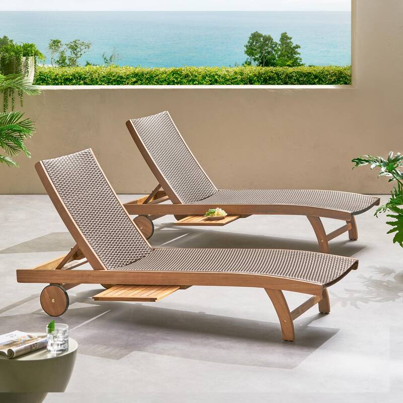 Set of 2 outdoor solid wood deck chairs with pull-out tray and rollers