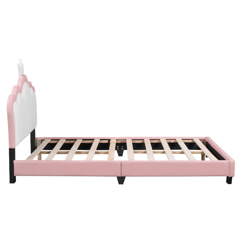 Upholstered Princess Bed With Crown Headboard, Platform Bed with Headboard and Footboard