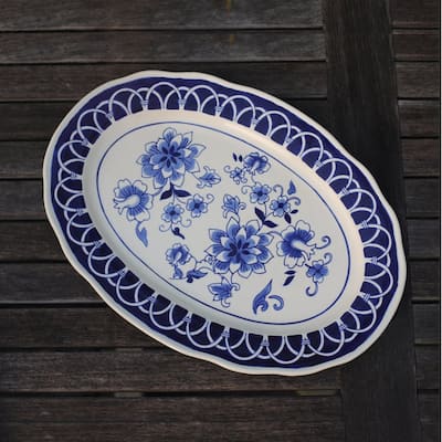 Euro Ceramica Blue Garden 18" Stoneware Oval Serving Platter - 18.5" x 13.2" x 1.26"