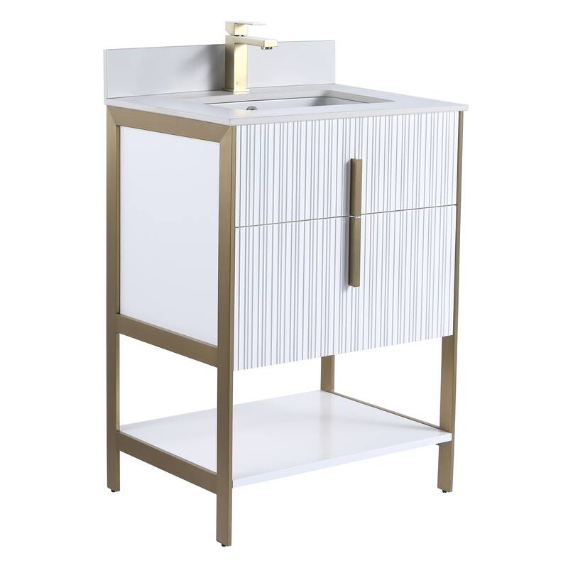 Fine Fixtures Serenity Modern Bathroom Vanity with White Stone Top - White Matte - Brass Hardware - 24 inch