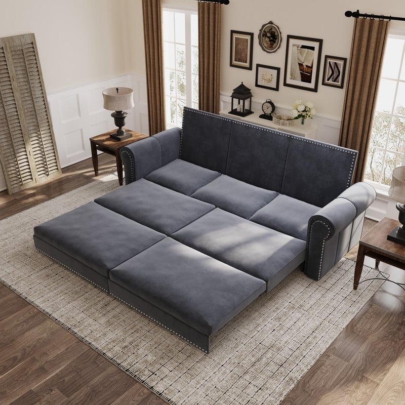3-in-1 King Pull Out Sofa Bed Chesterfield Sofa, Velvet/Faux Leather Convertible Sleeper Sofa with Nailhead Trim & Rolled Arm - Grey-Velvet