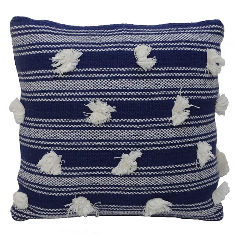 20" X 20" Navy and White Striped Textural Throw Pillow With Pom Poms
