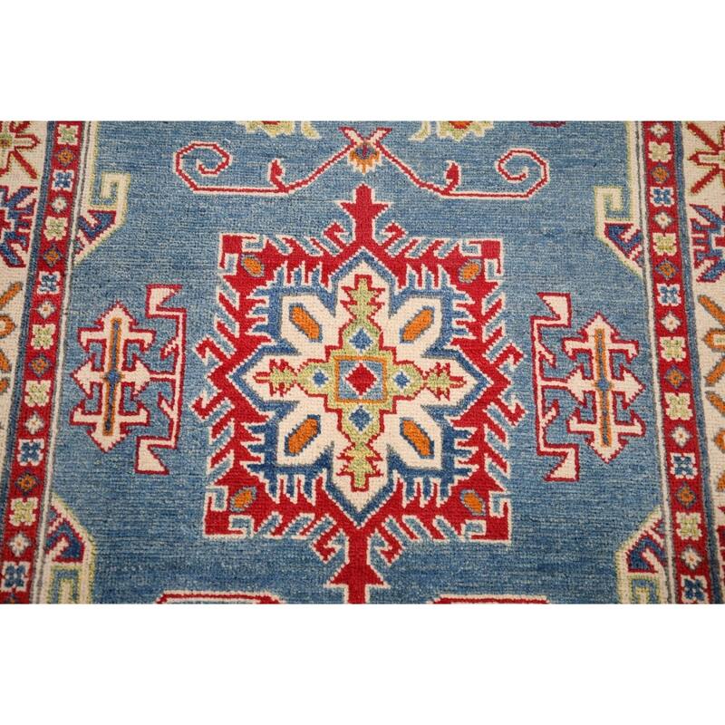 Light Blue Geometric Kazak Accent Rug Hand-Knotted Foyer Wool Carpet - 3'4" x 4'11"