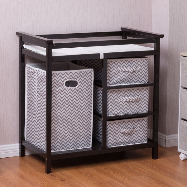 Costway Infant Baby Changing Table w/3 Basket Hamper Diaper Storage Nursery - Dark Brown Frame, Gray + White Basket