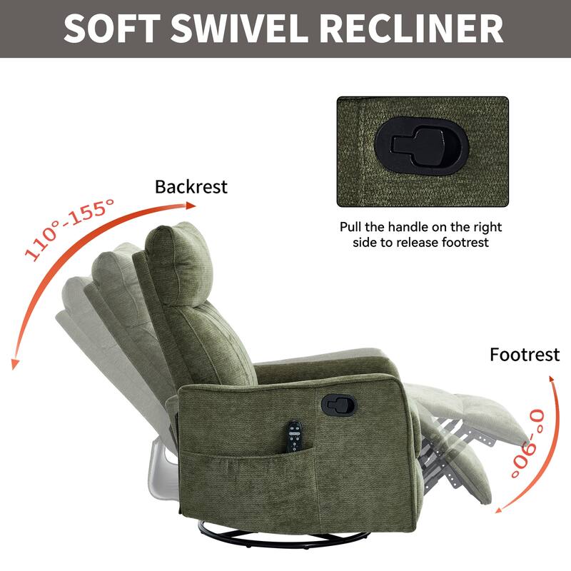 Heat Massage Manual Recliner Chair with Rocker and Swivel in Fabric for Living Room